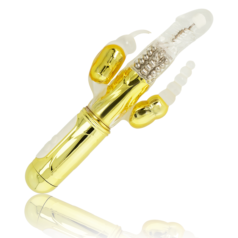 Close-up do Vibrador Multifuncional Duplo Coelho Dourado OHMAMA, destacando seu design ergonómico e material de silicone.