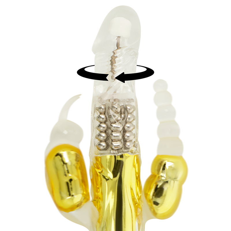 Close-up do Vibrador Multifuncional Duplo Coelho Dourado OHMAMA, destacando seu design ergonómico e material de silicone.