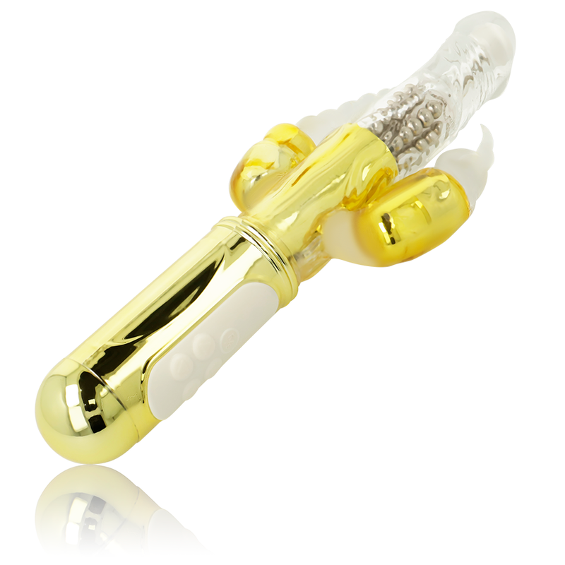 Close-up do Vibrador Multifuncional Duplo Coelho Dourado OHMAMA, destacando seu design ergonómico e material de silicone.