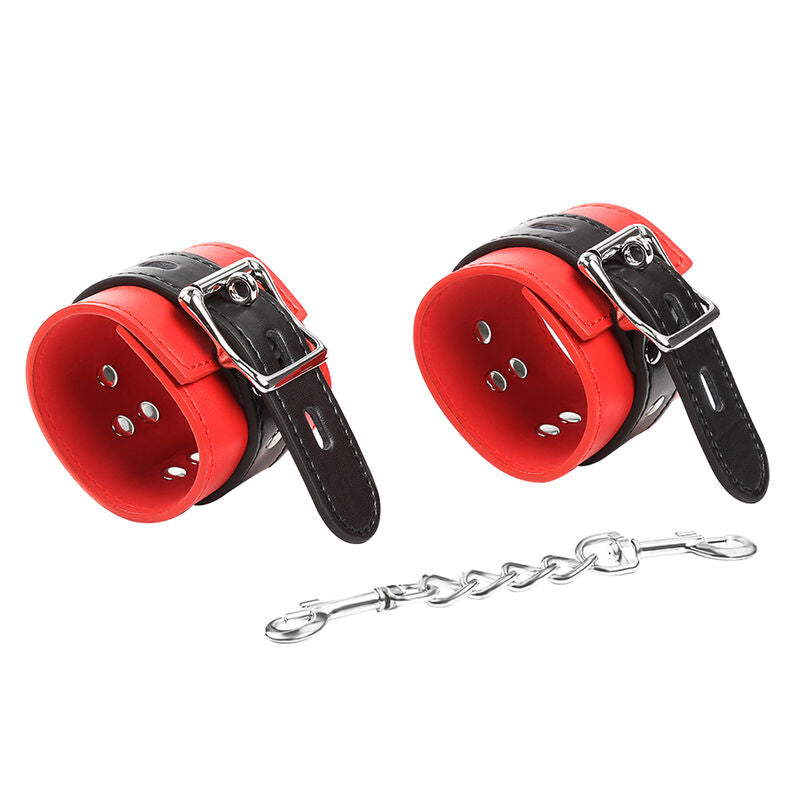 Algemas de Pulso Fetiche OHMAMA em vermelho e preto com corrente de metal e fivela ajustável, prontas para jogos de contenção.