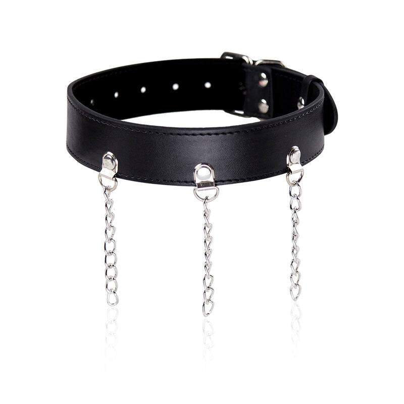 Colar Fetiche Ohmama com anéis e corrente ajustável para BDSM e jogos de sedução.