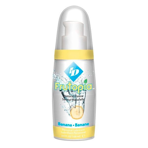ID Lubrificante Frutopia Sabor Banana 100ml, exibindo embalagem e textura.