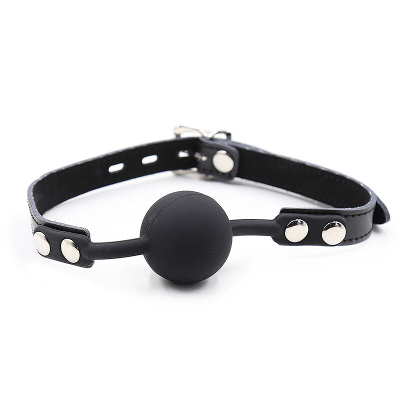 Ohmama Fetish Gag de Bola de Silicone com Cinto de Couro e Cadeado, mostrando a bola de silicone preta e o cinto de couro ajustável.