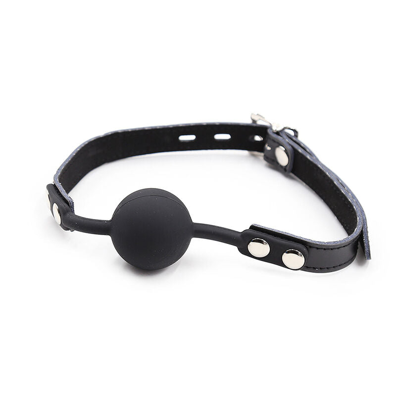 Ohmama Fetish Gag de Bola de Silicone com Cinto de Couro e Cadeado, mostrando a bola de silicone preta e o cinto de couro ajustável.