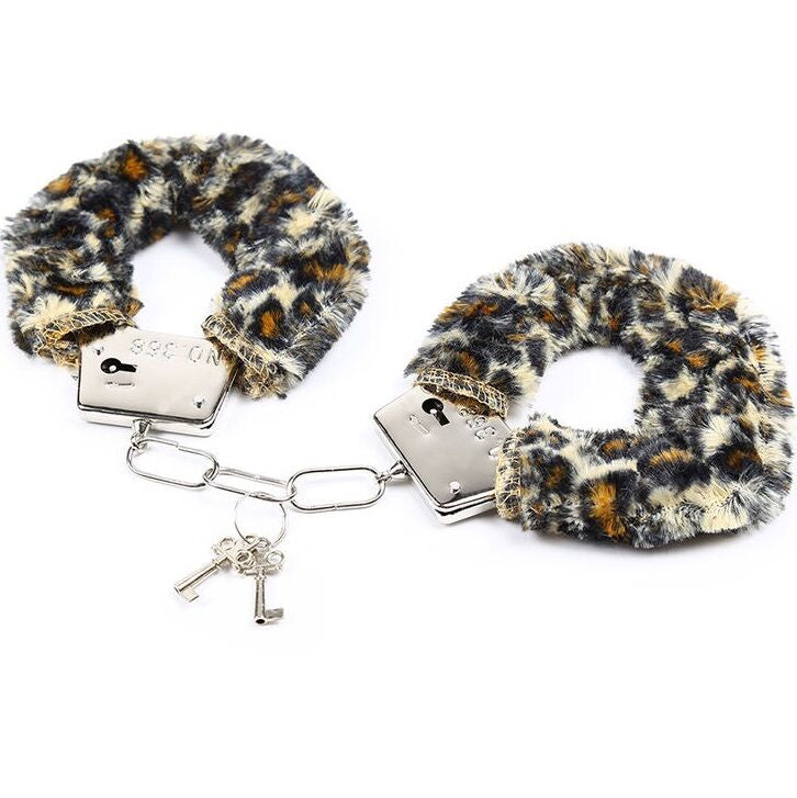 OHMAMA FETISH Algemas de Pulso de Metal Forradas de Veludo Tigre, detalhe do padrão e material.