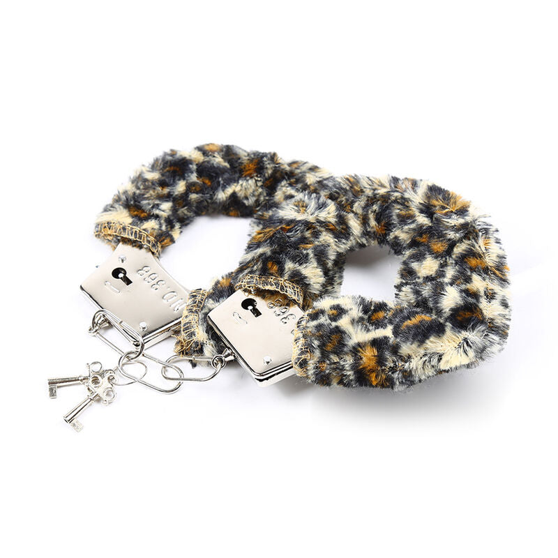 OHMAMA FETISH Algemas de Pulso de Metal Forradas de Veludo Tigre, detalhe do padrão e material.
