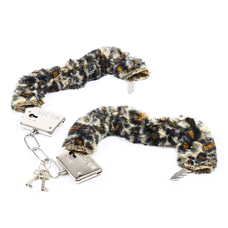 OHMAMA FETISH Algemas de Pulso de Metal Forradas de Veludo Tigre, detalhe do padrão e material.