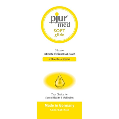 PJUR Lubrificante de Silicone Med Soft Glide 1.5ml para conforto íntimo e peles sensíveis.