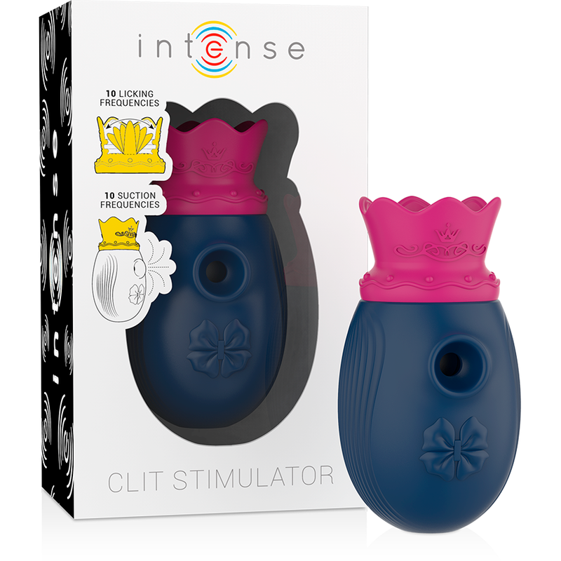Close-up do INTENSE Estimulador de Clitóris com 10 Modos de Sucção e Lambida Azul, mostrando seu design ergonómico e silicone suave.