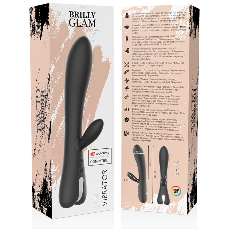 Vibrador Brilly Glam Erik Watchme Wireless para estimulação vaginal e clitoriana, cor preta com detalhes prateados.