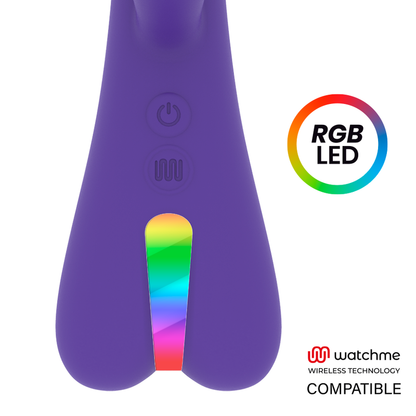 Close-up do Vibrador Coelho MR BOSS Aitor com Watchme Wireless e Dupla Estimulação, mostrando sua textura de silicone e formato ergonómico.