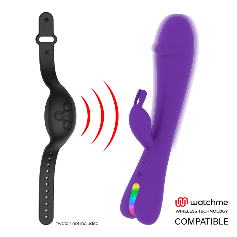 Close-up do Vibrador Coelho MR BOSS Aitor com Watchme Wireless e Dupla Estimulação, mostrando sua textura de silicone e formato ergonómico.