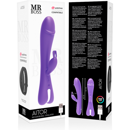 Close-up do Vibrador Coelho MR BOSS Aitor com Watchme Wireless e Dupla Estimulação, mostrando sua textura de silicone e formato ergonómico.