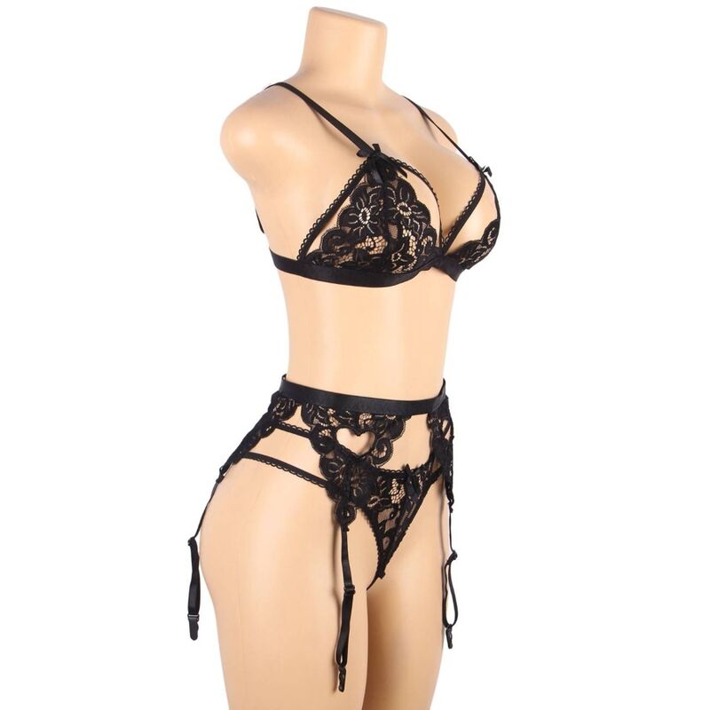 Conjunto de lingerie SUBBLIME 3 peças preto, mostrando sutiã, cinta-liga e calcinha tanga com detalhes de renda e design elegante.