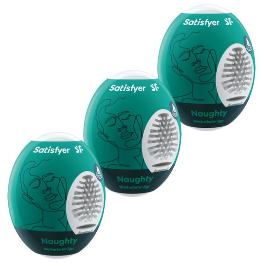 Close-up do conjunto Satisfyer Ovos Masturbadores Eggcited Naughty - 3 Unidades, realçando o material Hydro-Active e as texturas internas.