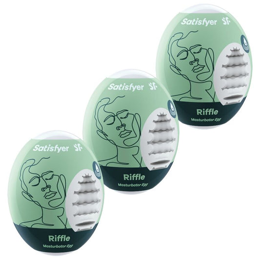 Close-up dos 3 ovos masturbadores Satisfyer Eggcited Riffle, mostrando o material flexível e a textura interna.
