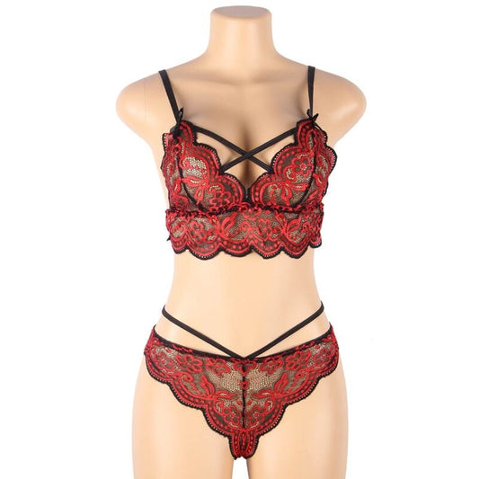Conjunto de lingerie SUBBLIME de duas peças com top e tanga em renda vermelha e preta.