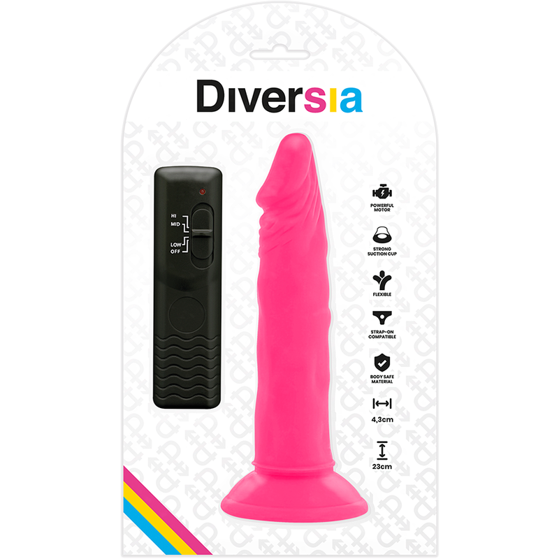 Close-up do DIVERSIA Dildo Flexível Vibratório Rosa 23cm com Ventosa, destacando seu design e textura.