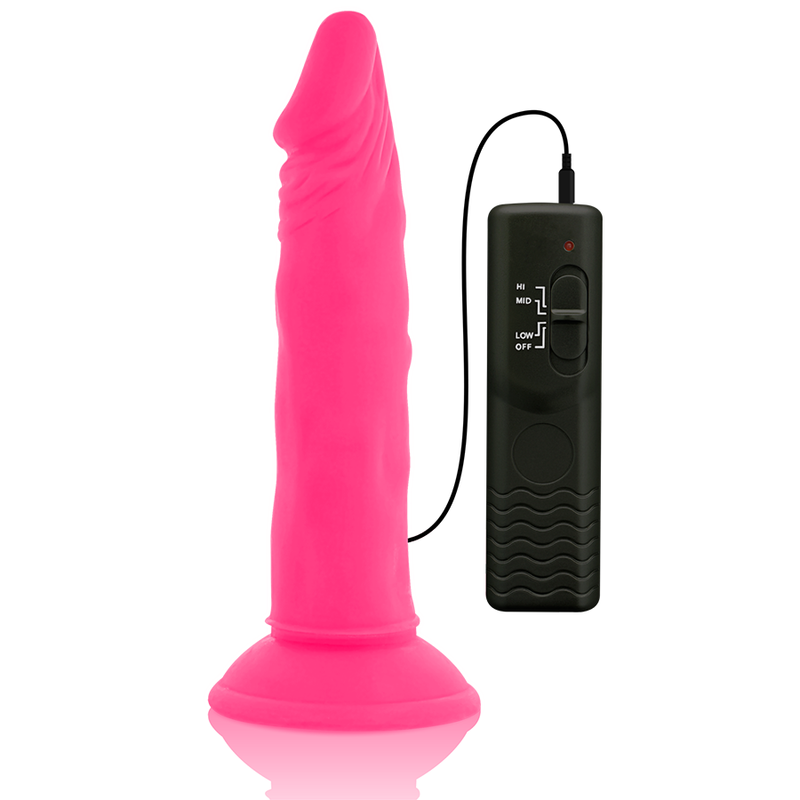 Close-up do DIVERSIA Dildo Flexível Vibratório Rosa 23cm com Ventosa, destacando seu design e textura.
