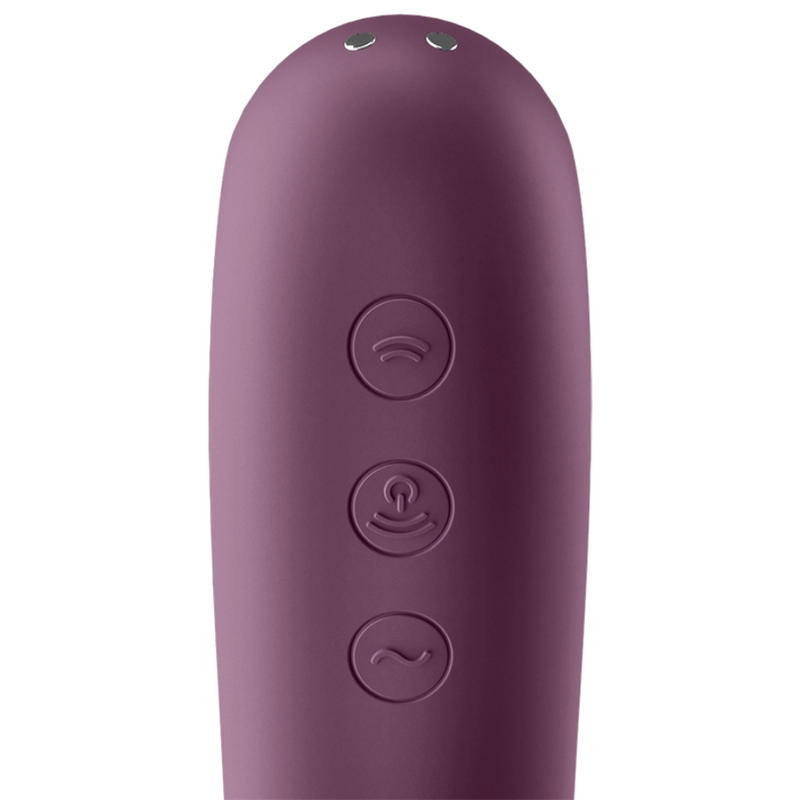 Close-up of the Satisfyer Vibrador Dual Kiss Air Pulse Ponto G Vinho Tinto, highlighting its silicone texture and dual stimulation design.