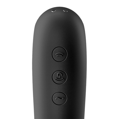 Satisfyer Vibrador Dual Kiss Pulso de Ar e Vibração Preto, mostrando design elegante e cabeça de estimulação.