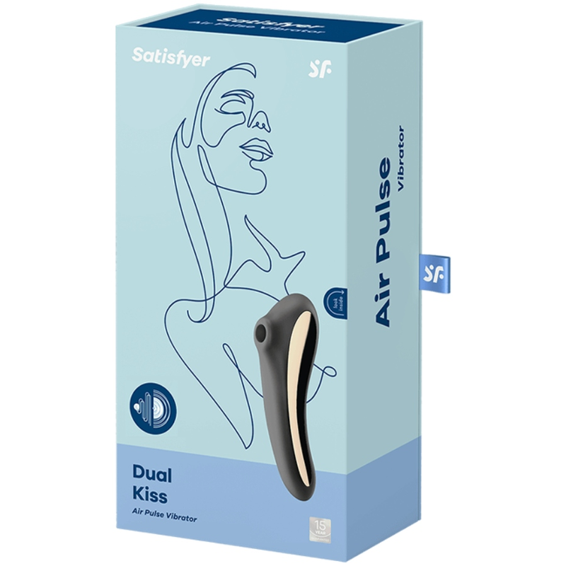 Satisfyer Vibrador Dual Kiss Pulso de Ar e Vibração Preto, mostrando design elegante e cabeça de estimulação.