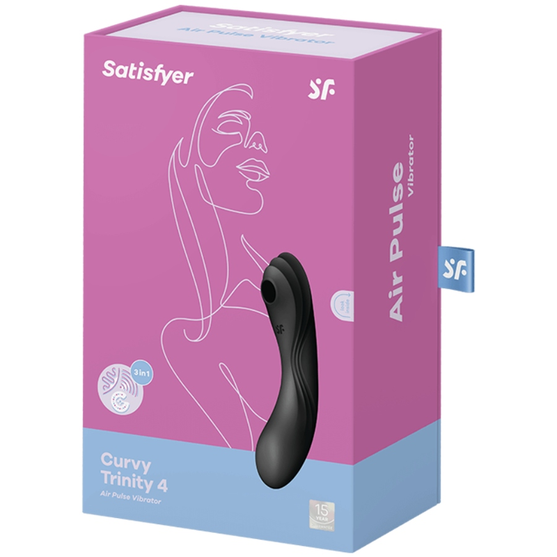 Satisfyer Curvy Trinity 4 Vibrador de Pulso de Ar e Ponto G Preto, mostrando design curvilíneo e bico de pulso de ar.