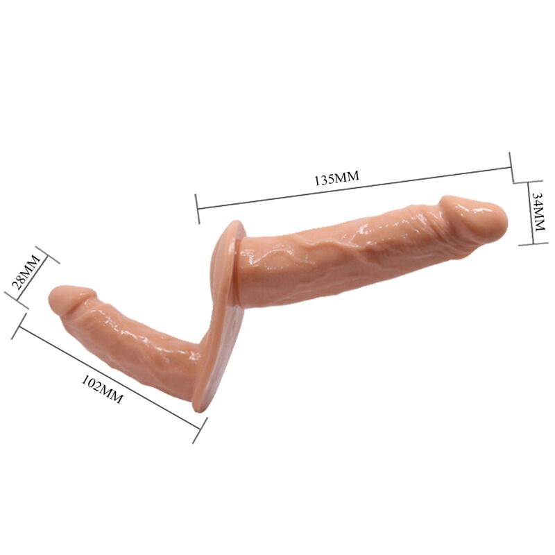 Close-up of the BAILE Dildos Duplos com Arnês Ultra Apaixonado showing its ribbed texture and adjustable harness for couples.