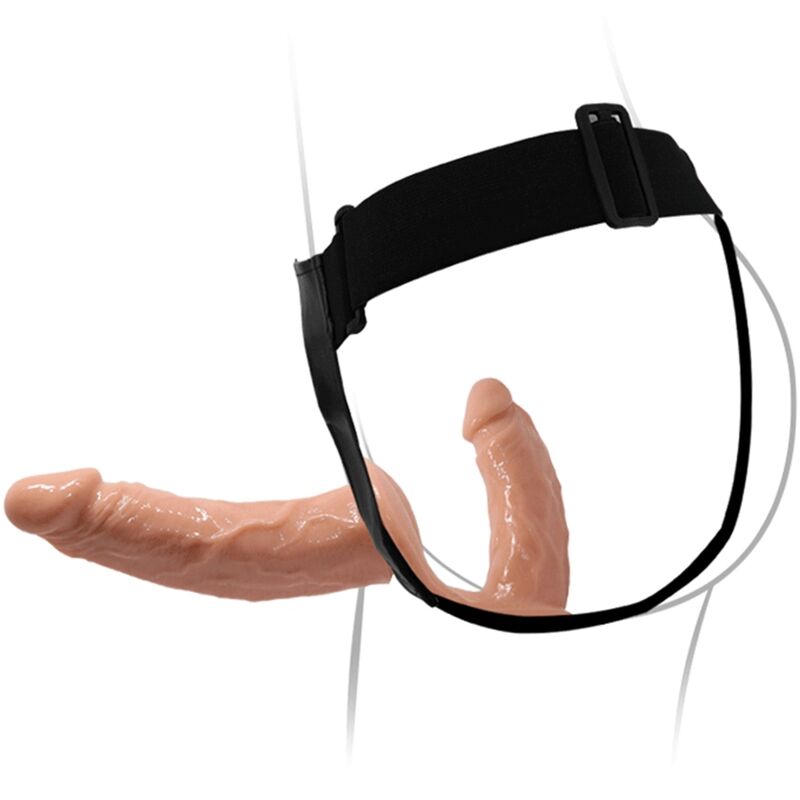 Close-up of the BAILE Dildos Duplos com Arnês Ultra Apaixonado showing its ribbed texture and adjustable harness for couples.