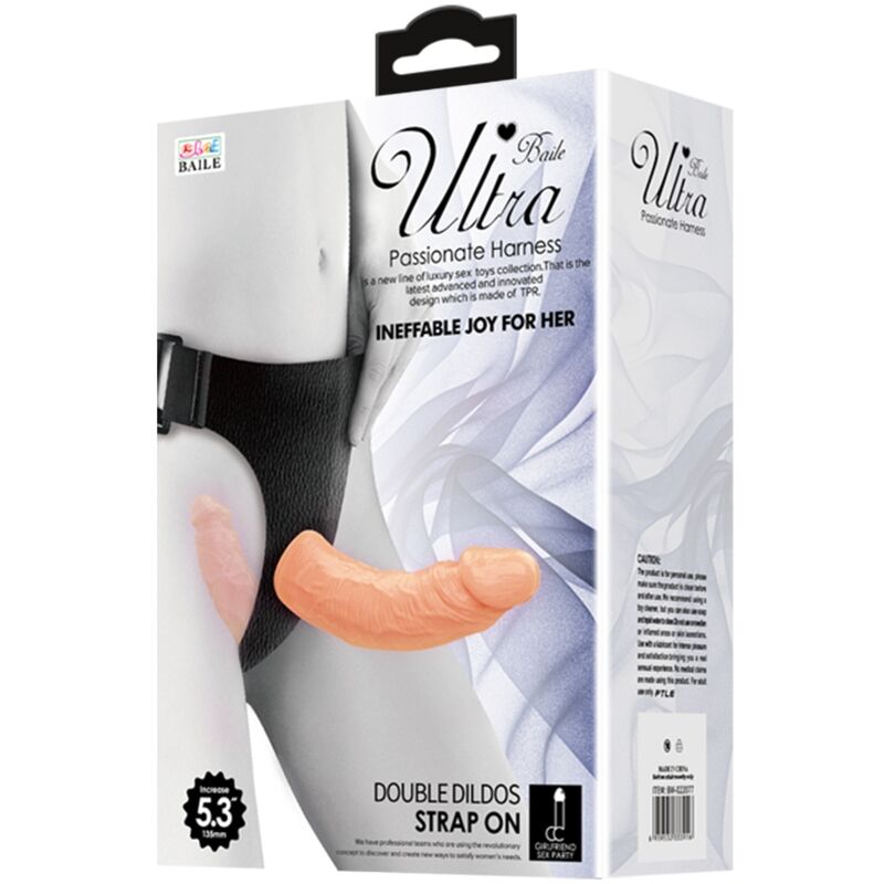 Close-up of the BAILE Dildos Duplos com Arnês Ultra Apaixonado showing its ribbed texture and adjustable harness for couples.