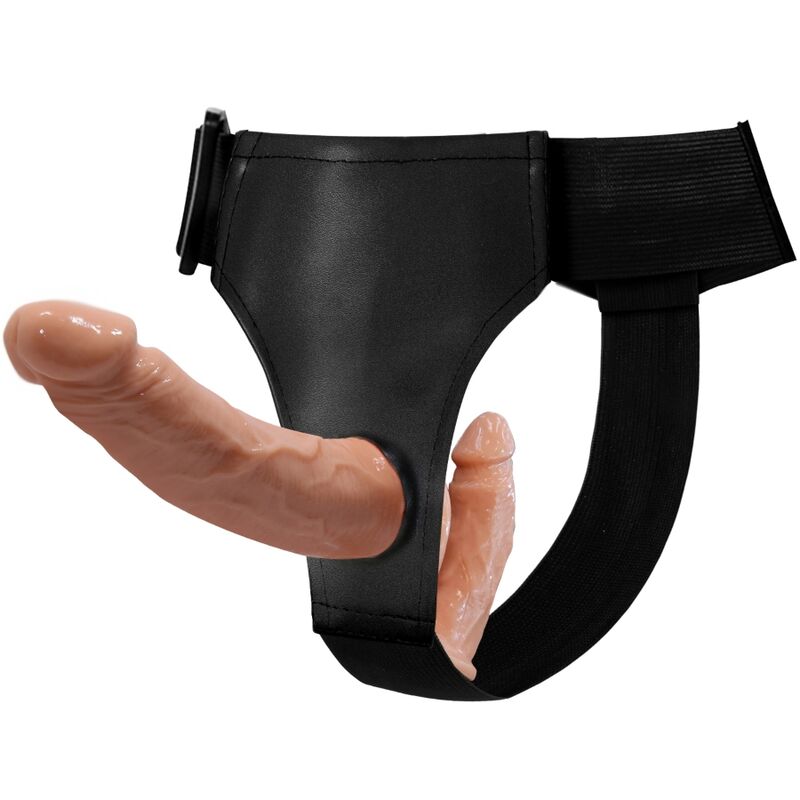 Close-up of the BAILE Dildos Duplos com Arnês Ultra Apaixonado showing its ribbed texture and adjustable harness for couples.