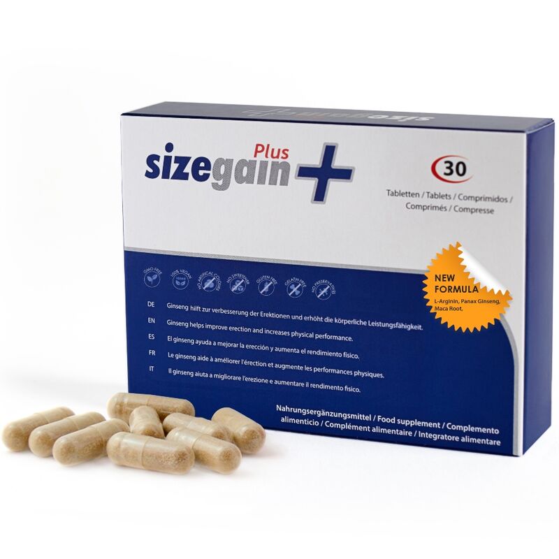 Embalagem de 500 COSMETICS Comprimidos SizeGain Plus para aumento peniano e potência sexual.