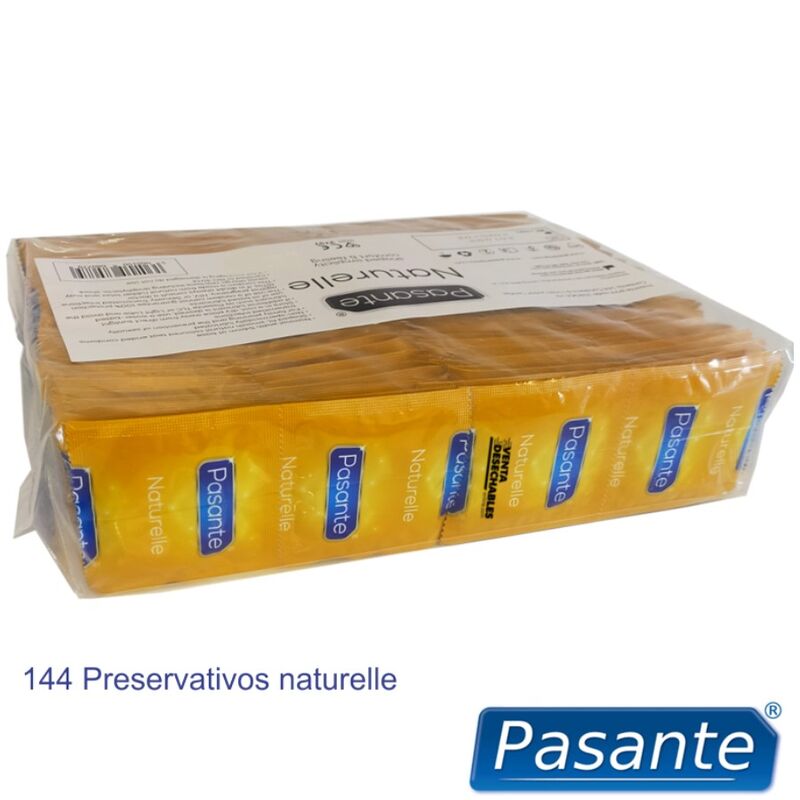 Preservativos Pasante Naturelle Saco com 144 unidades para proteção e sensação natural.