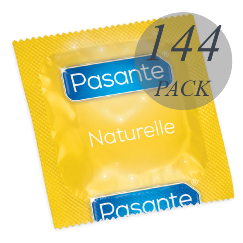Preservativos Pasante Naturelle Saco com 144 unidades para proteção e sensação natural.