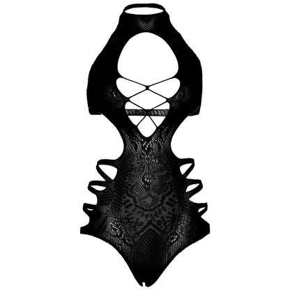 Close-up do Body Leg Avenue Corte Strappy de Renda sem costura na cor preta, destacando os detalhes das tiras e do tecido.