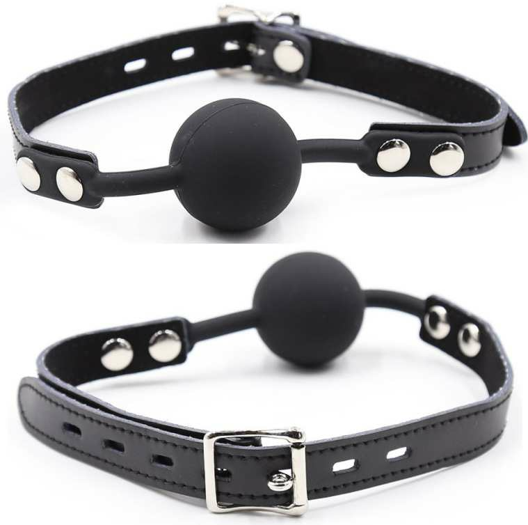 Ohmama Fetish Gag de Bola de Silicone com Cinto de Couro e Cadeado, mostrando a bola de silicone preta e o cinto de couro ajustável.