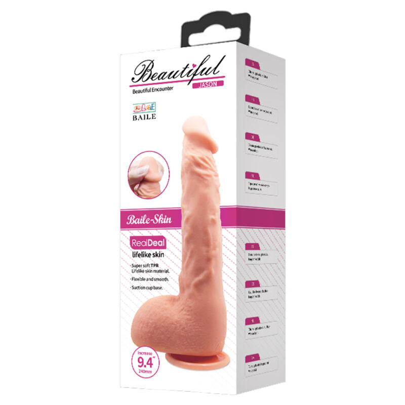 Close-up do Dildo Realista BAILE Jason Natural 24cm, destacando sua textura e ventosa.