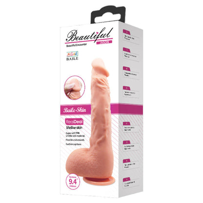 Close-up do Dildo Realista BAILE Jason Natural 24cm, destacando sua textura e ventosa.