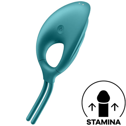 Satisfyer Anel Peniano Vibratório Swordsman Ajustável Verde com detalhes da textura e estimulador.