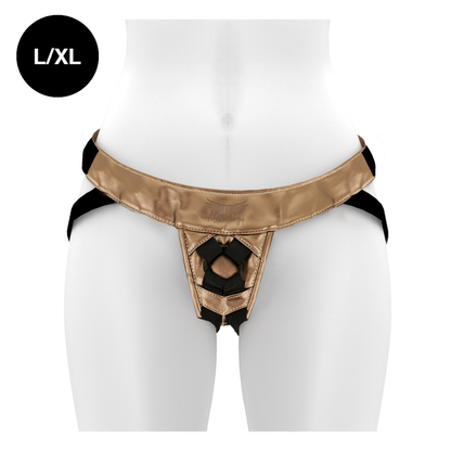 MYTHOLOGY Arnês Fantasia Bronze L/XL para Dildos Strap-On, exibindo design ajustável e acabamento metálico.