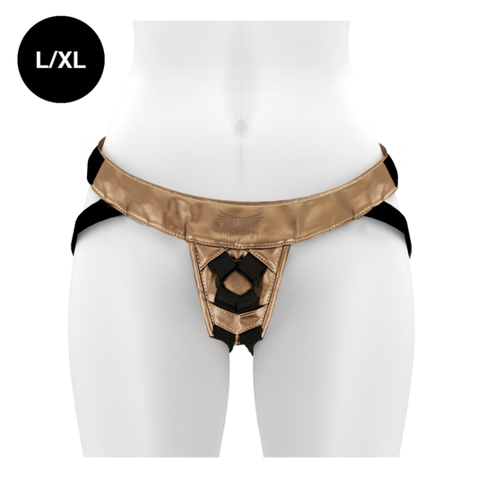 MYTHOLOGY Arnês Fantasia Bronze L/XL para Dildos Strap-On, exibindo design ajustável e acabamento metálico.