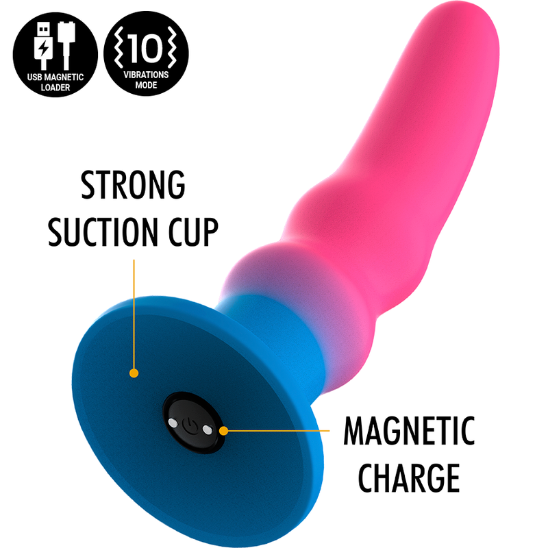 Close-up do MYTHOLOGY Dildo Kuno Utopia S com Vibração, mostrando seu design anal e cores vibrantes.