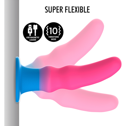 Close-up do MYTHOLOGY Dildo Kuno Utopia S com Vibração, mostrando seu design anal e cores vibrantes.