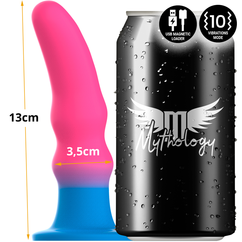 Close-up do MYTHOLOGY Dildo Kuno Utopia S com Vibração, mostrando seu design anal e cores vibrantes.