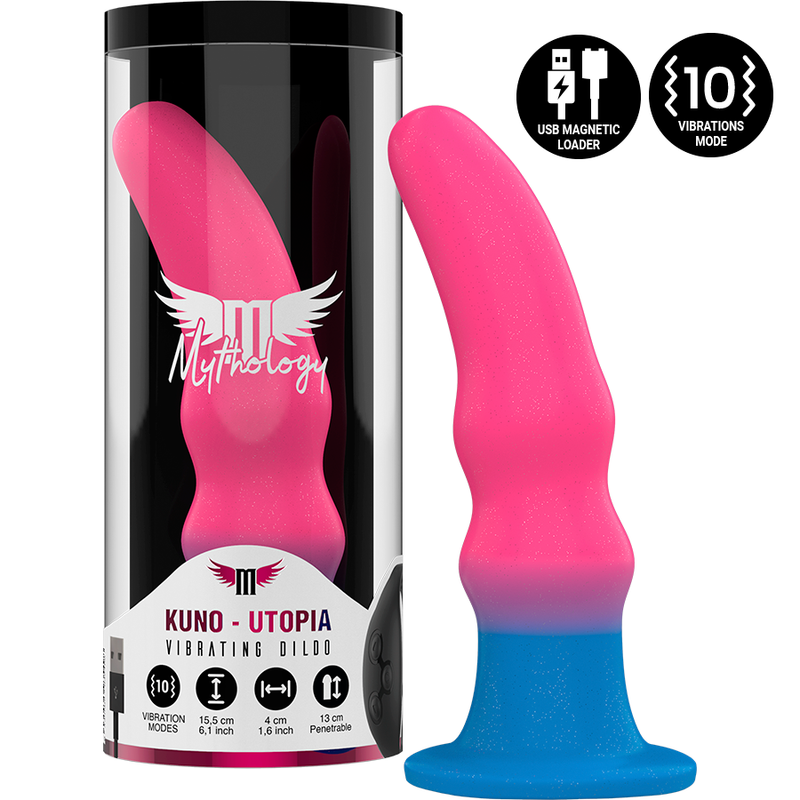 Close-up do Dildo Vibratório Anal MYTHOLOGY Kuno Utopia M com design neon e detalhes para estimulação.