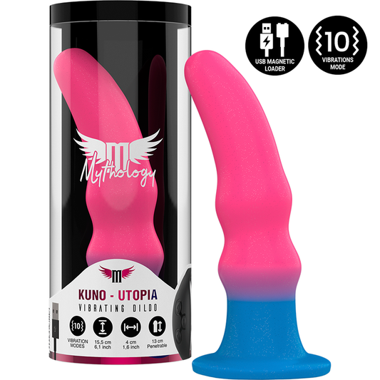 Close-up do Dildo Vibratório Anal MYTHOLOGY Kuno Utopia M com design neon e detalhes para estimulação.
