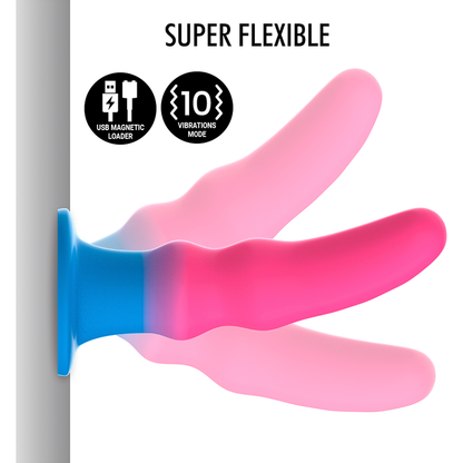 Close-up do Dildo Vibratório Anal MYTHOLOGY Kuno Utopia M com design neon e detalhes para estimulação.