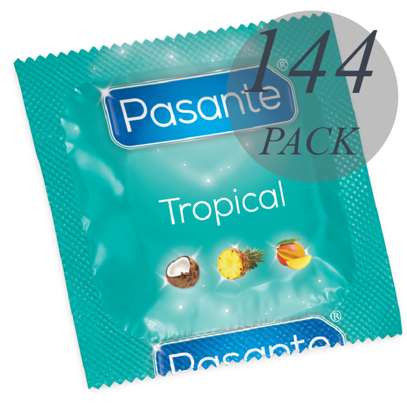 Preservativos PASANTE Tropicais com sabores de manga, abacaxi e coco em saco de 144 unidades.