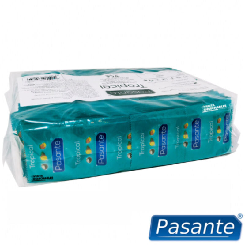 Preservativos PASANTE Tropicais com sabores de manga, abacaxi e coco em saco de 144 unidades.