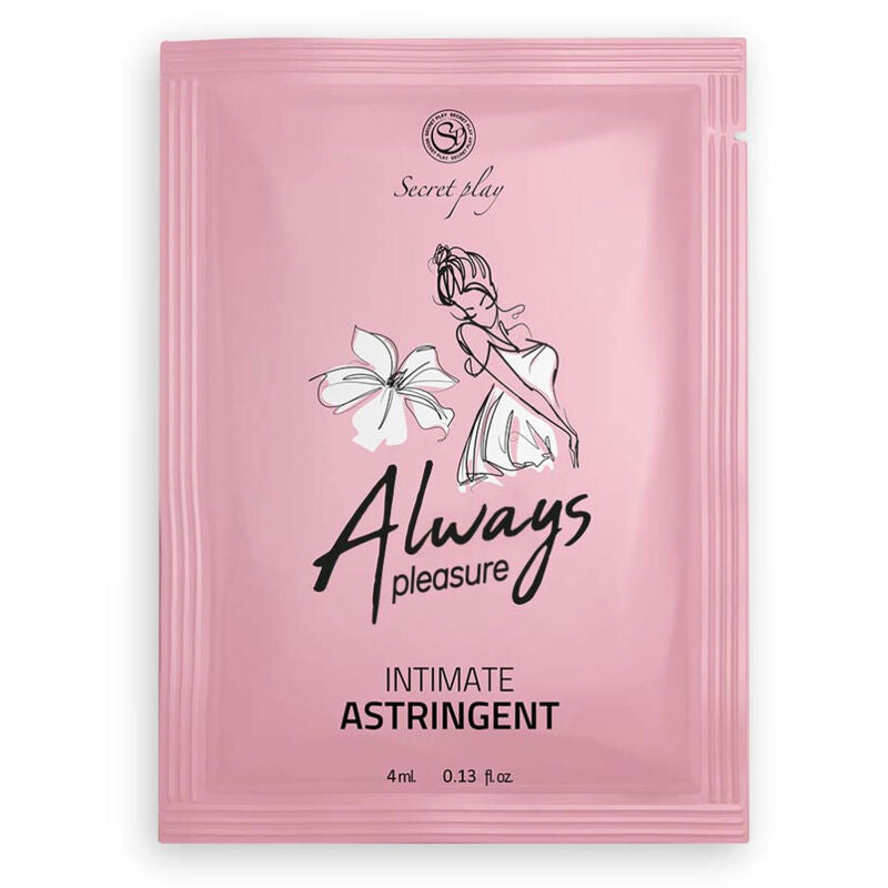 Embalagem do SECRETPLAY Adstringente Íntimo Sempre Virgem Dose Única 4ML, destacando o design discreto e a informação do produto.